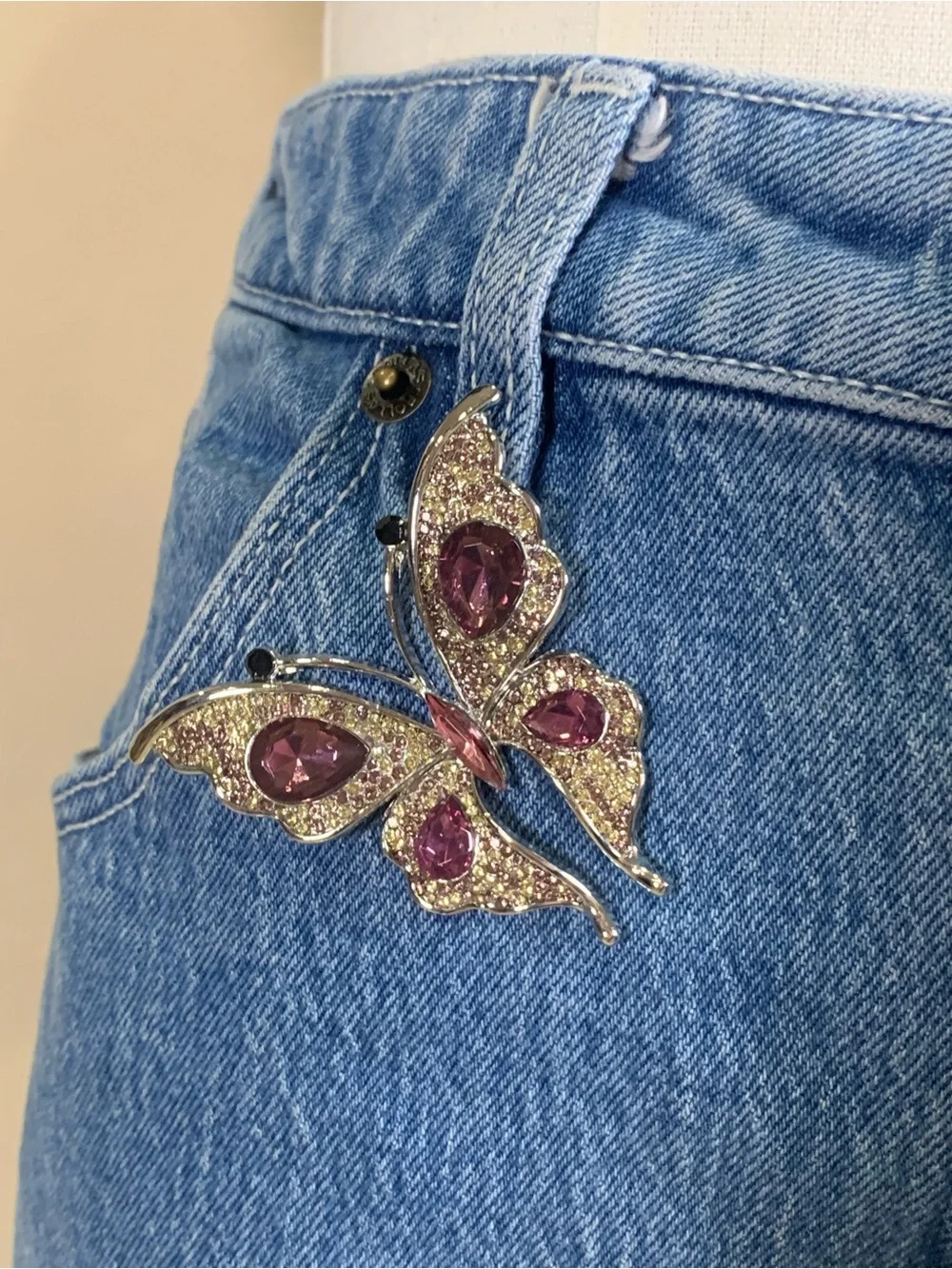 Rhinestone Butterfly Brooch Purple Amethyst Silver Tone
